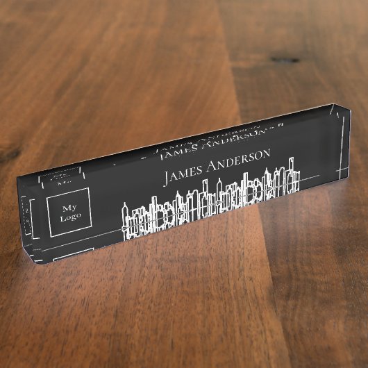 Porte-nom Pour Bureau Black white city skyline logo d'entreprise immobil (Taille)