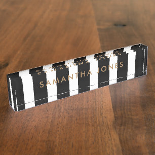 Porte-nom Pour Bureau Black White Stripes Gold Classic Personnalisé