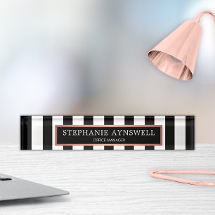 Porte-nom Pour Bureau Black White Stripes Rose Gold Personnalisé