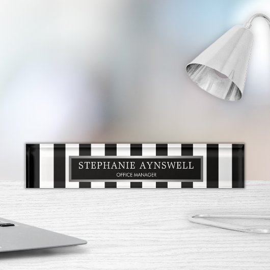 Porte-nom Pour Bureau Black White Stripes Silver Personnalisé