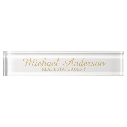 Porte-nom Pour Bureau Blanc élégant professionnel et or (Devant)