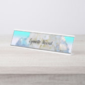Porte-nom Pour Bureau Blanc et floral bleu (Devant)