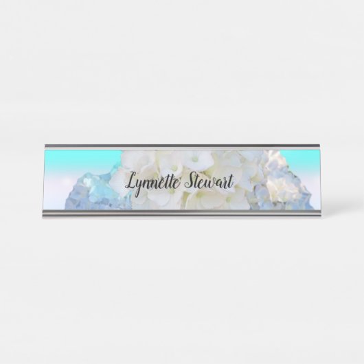 Porte-nom Pour Bureau Blanc et floral bleu (Devant)