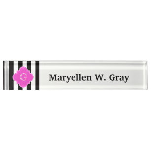 Porte-nom Pour Bureau Blancs noirs, Monogramme Quatrefoil Rose Chaud
