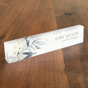 Porte-nom Pour Bureau Bleu Vert Or Feuilleté Botanique Floral Bunch