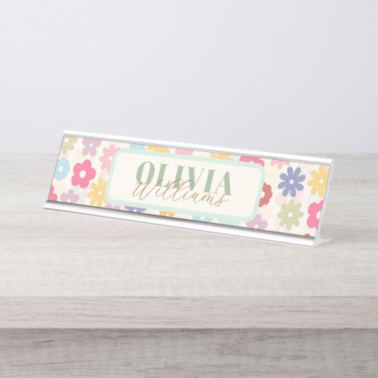 Porte-nom Pour Bureau Boho 70's Retro Daisy Flowers (Devant)