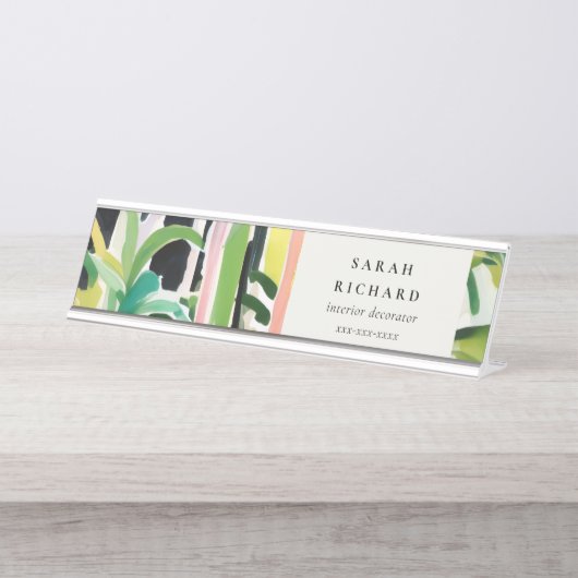 Porte-nom Pour Bureau Boho Chic Green Tropical Leafy Foliage Botanical (Devant)