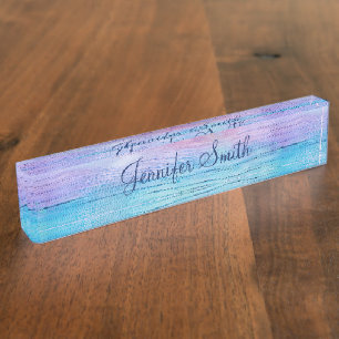 Porte-nom Pour Bureau Bois ombré violet bleu faux