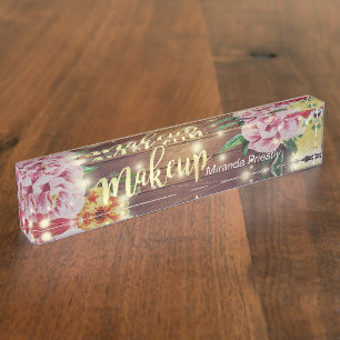 Porte-nom Pour Bureau Bois rustique Floral Chic String Lumières Maquilla