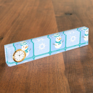 Porte-nom Pour Bureau Bonhomme de neige et flocons de neige à motif à ca