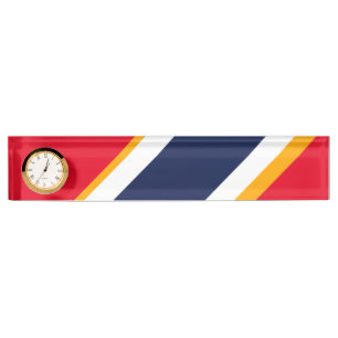 Porte-nom Pour Bureau Bright Red White Navy Blue Racing Stripes Horloge