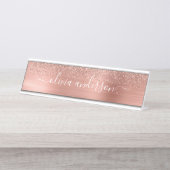 Porte-nom Pour Bureau Brushed metal rose Gold Pink Glitter Monogram (Devant)