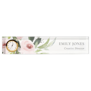PORTE-NOM POUR BUREAU BUNCH FLORAL ROSE ROSE BLANC DOUX ET SOBRE À COUL