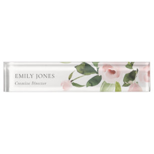 PORTE-NOM POUR BUREAU BUNCH FLORAL ROSE ROSE BLANC DOUX ET SOBRE À COUL