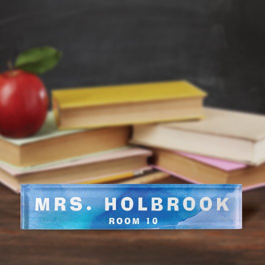 Porte-nom Pour Bureau Bureau de l'enseignant d'aquarelle bleue inspirée 