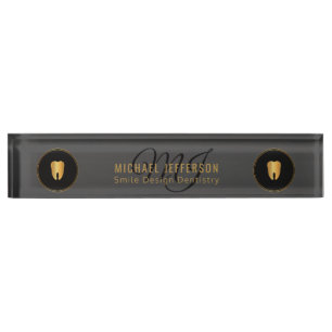 Porte-nom Pour Bureau Bureau des dentistes de monogramme - Noir et or