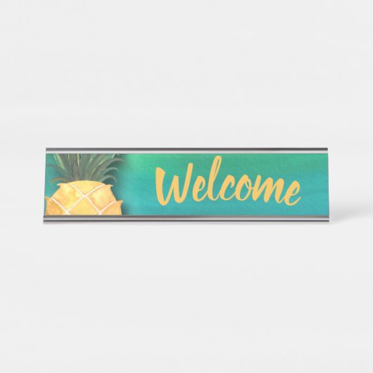 Porte-nom Pour Bureau Bureau élégant d'aquarelle bienvenue d'ananas (Devant)