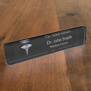 Porte-nom Pour Bureau Caducée d'argent Médicale sur noir