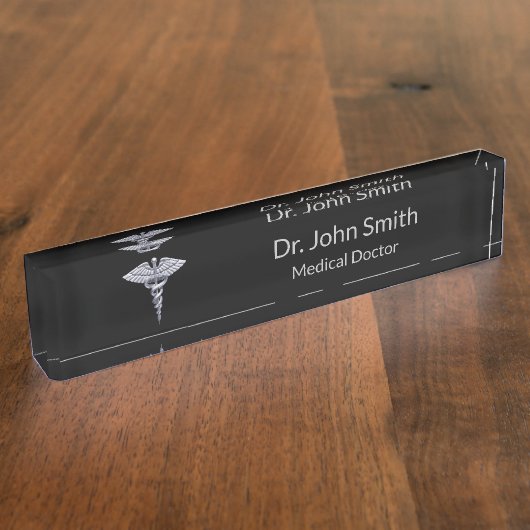 Porte-nom Pour Bureau Caducée d'argent Médicale sur noir (Taille)