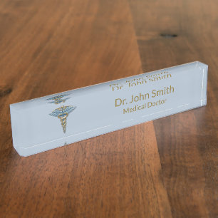 Porte-nom Pour Bureau Caducée en or bleu Médicale fin