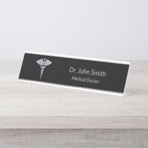Porte-nom Pour Bureau Caduceus Médicale classique Argent sur noir