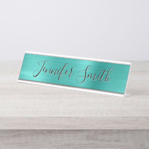 Porte-nom Pour Bureau Calligraphie moderne en faux feuille de turquoise