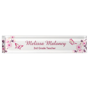 Porte-nom Pour Bureau Cerise Fleur Papillon rose Blanc Enseignants