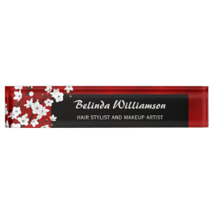 Porte-nom Pour Bureau Cerisier Fleur Rouge Noir Et Blanc Cheveux Et Maqu