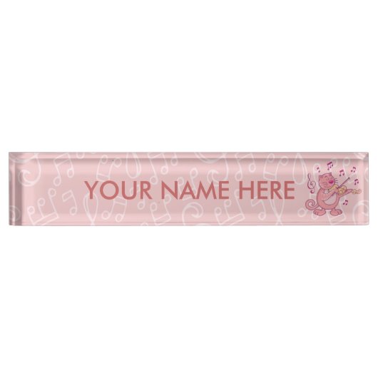 Porte-nom Pour Bureau Chat rose avec Violon (Devant)