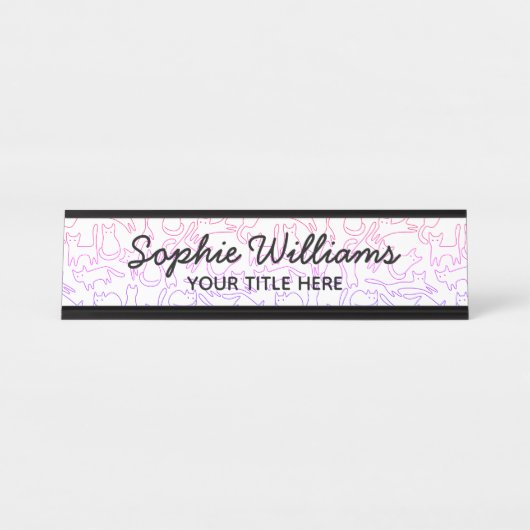 Porte-nom Pour Bureau Chats violets rose Motif Script Polices noires Bla (Devant)