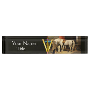 Porte-nom Pour Bureau Cheval blanc avec chien / SYMBOLE VÉTÉRINAIRE CADU