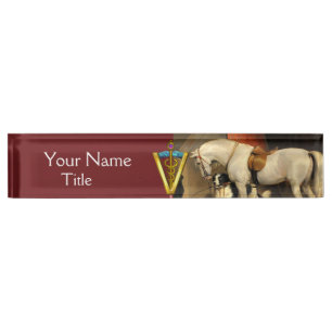 Porte-nom Pour Bureau Cheval blanc avec chien / SYMBOLE VÉTÉRINAIRE CADU