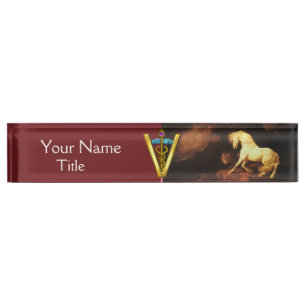 PORTE-NOM POUR BUREAU CHEVAL BLANC ET LION / SYMBOLE VÉTÉRINAIRE CADUCUS
