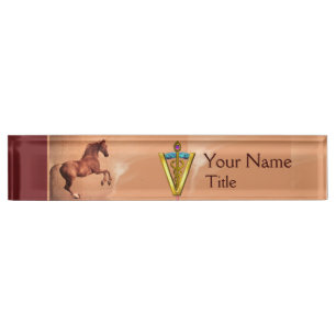 PORTE-NOM POUR BUREAU CHEVAL ROUGE ET SYMBOLE VÉTÉRINAIRE DE CADUCE OR