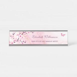 Porte-nom Pour Bureau Cheveux et maquillage en fleurs de cerisier rose