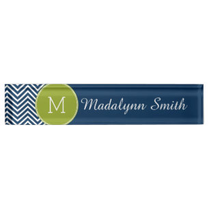 Porte-nom Pour Bureau Chevrons bleu marine et vert citron Monogramme per
