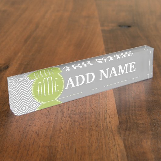 Porte-nom Pour Bureau Chevrons gris et citron vert avec Monogramme perso (Taille)