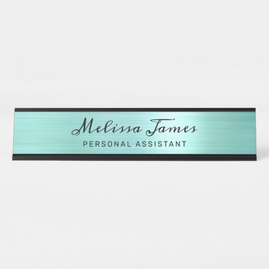 Porte-nom Pour Bureau Chic Aqua brossé métal noir Script (Devant)