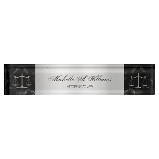 Porte-nom Pour Bureau Chic Black Marble Argent Scales de justice Avocat (Devant)