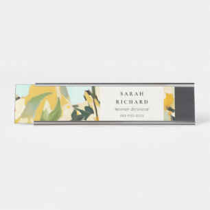 Porte-nom Pour Bureau Chic Boho Coloré Ocre Jaune Peint Floral