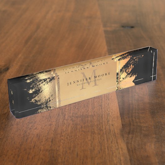 Porte-nom Pour Bureau Chic Faux Gold Glam Brushstroke Monogramme (Taille)