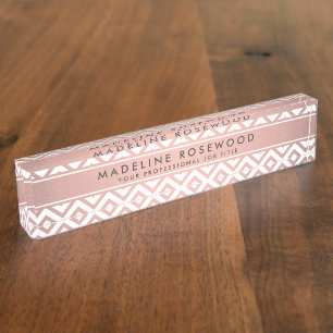 Porte-nom Pour Bureau Chic Girly Rose Rose Or Chevron Monogrammé