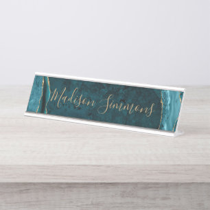 Porte-nom Pour Bureau Chic Turquoise Vert Or Agate Géode Feminine Script