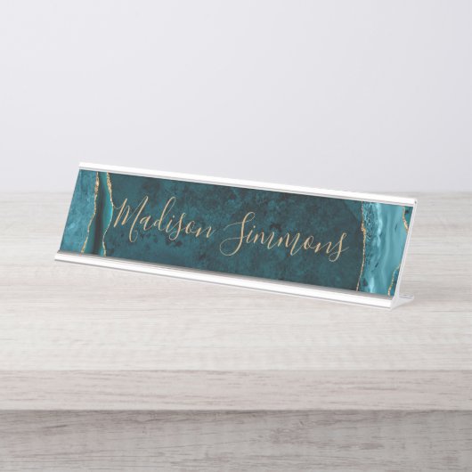 Porte-nom Pour Bureau Chic Turquoise Vert Or Agate Géode Feminine Script (Devant)