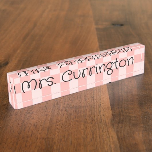 Porte-nom Pour Bureau Clair Pink Check Monoline Script enseignant (Taille)