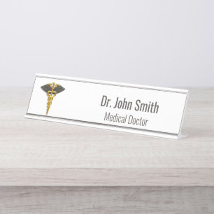 Porte-nom Pour Bureau Classé Médicale Elegant Gold Caduceus Black Wings