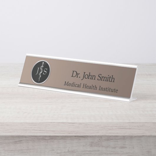 Porte-nom Pour Bureau Classé Noble bâton d'Asclepius Argent Médicale (Devant)