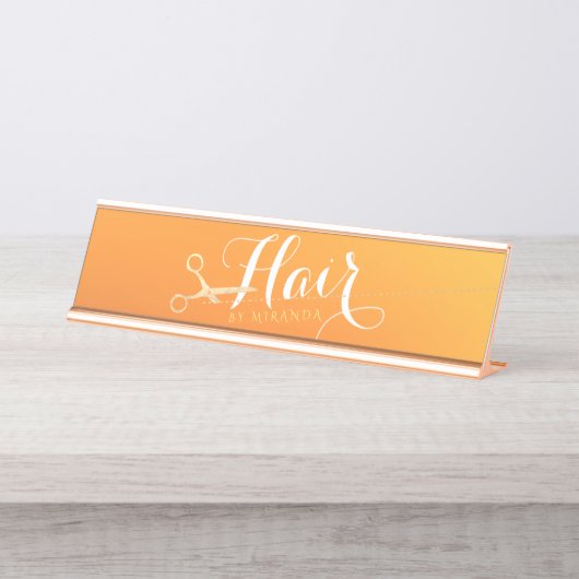 Porte-nom Pour Bureau Coiffeur Salon de maquillage Chic Orange Ciseaux o (Devant)