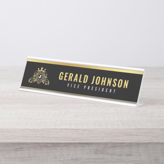 Porte-nom Pour Bureau Conception initiale de monogramme or élégant (Devant)