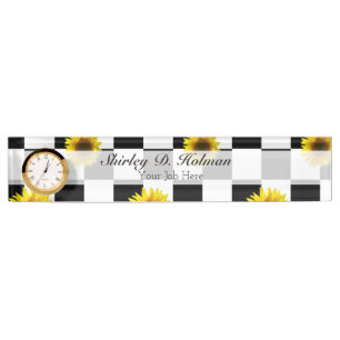 Porte-nom Pour Bureau Copie noire et blanche Checkered et de tournesol